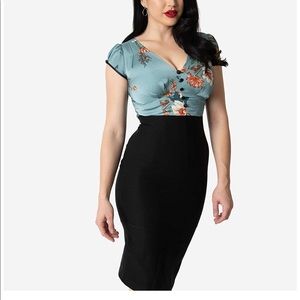 Unique-Vintage Blue Floral SKYLA Wiggle Dress